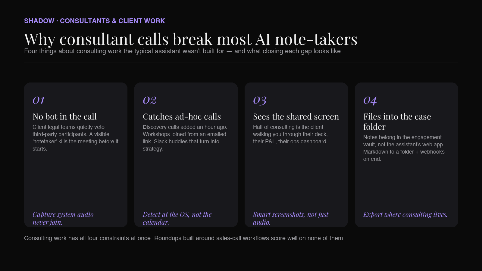 Why consultant meetings break most AI note-takers — the four-pillar gap