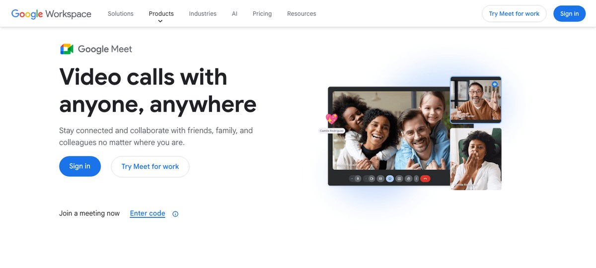Google Meet landing page — home of the built-in 