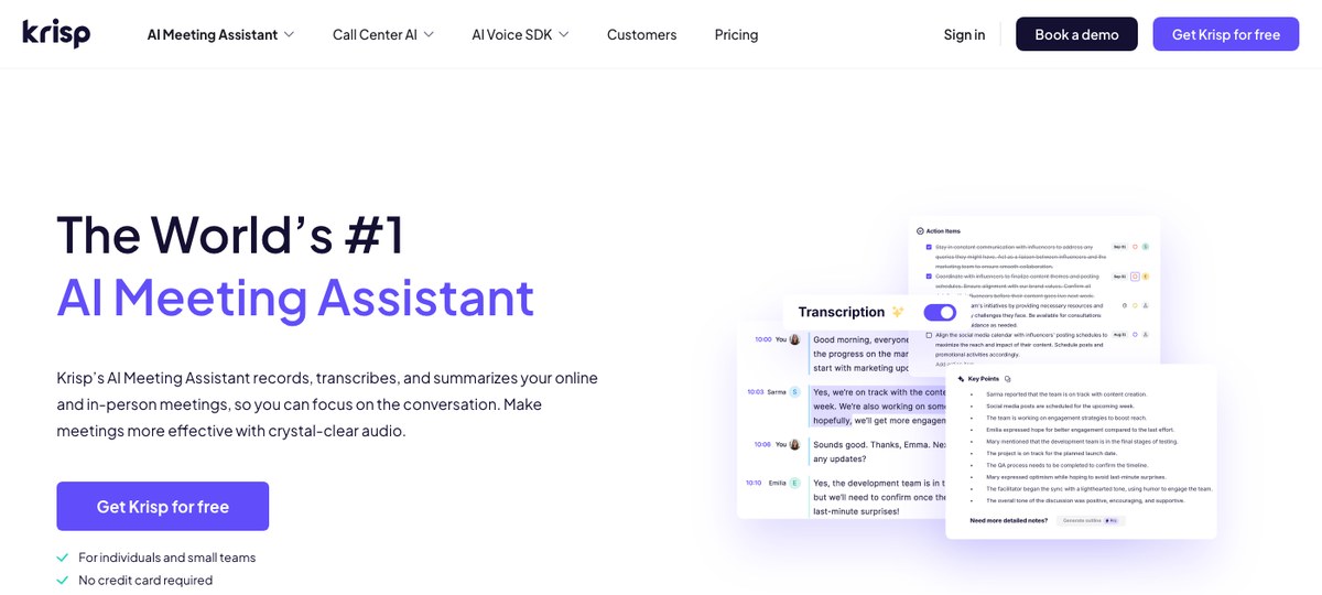 Krisp — AI noise cancellation and bot-free meeting transcription including Slack Huddles