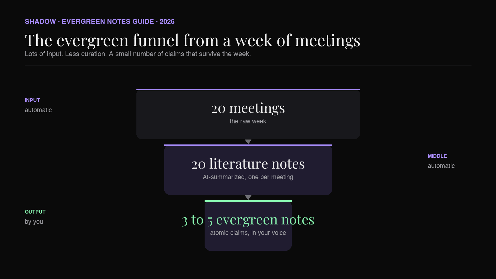 Volume funnel: 20 meetings a week produce 20 transcripts and 20 literature notes automatically; only 3 to 5 evergreen notes emerge, written by the human
