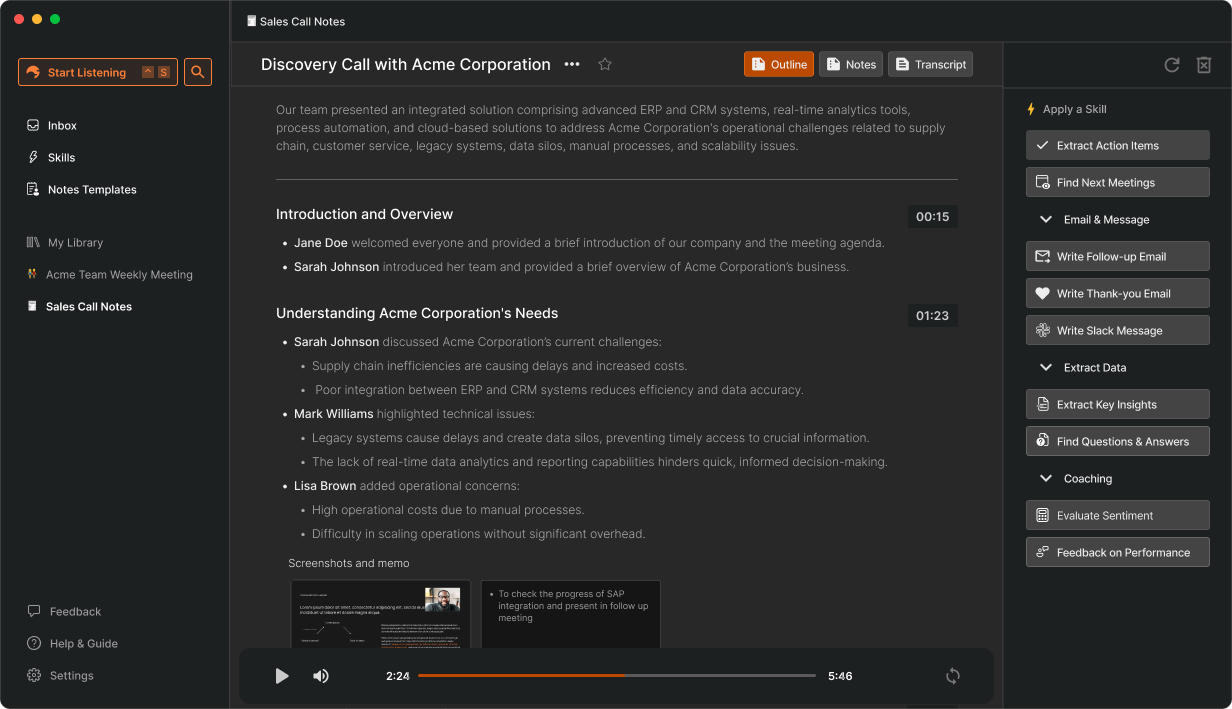 Shadow AI meeting notes and outline generated from a Slack Huddle recording