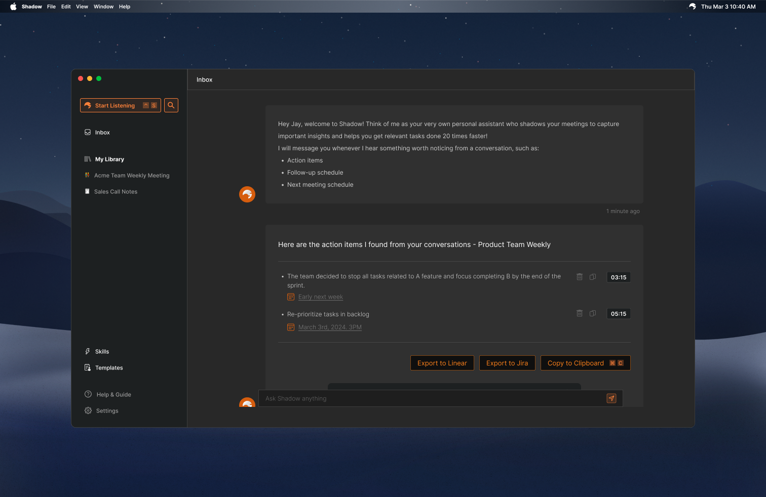 Shadow AI meeting assistant for remote team follow-up and transcription