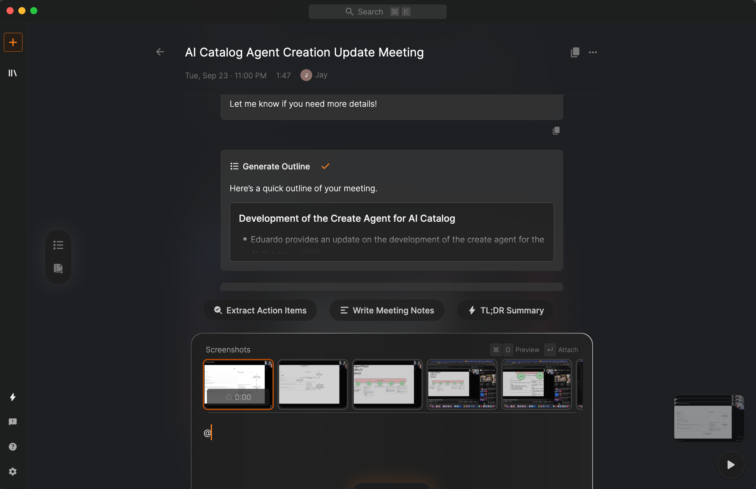 Shadow after meetings - using @ to reference screenshots and context