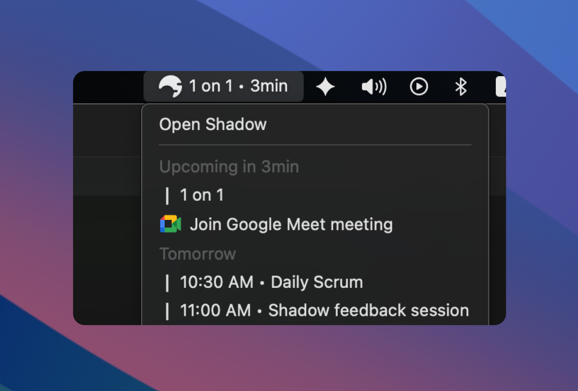 Shadow v1.8 menu bar showing upcoming meeting name and quick access